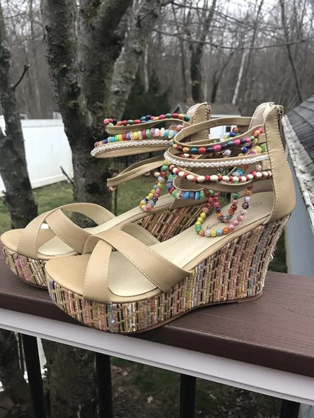NWT Luxury Boho Beaded Wedge Sandals Colorful Platform Woven Summer Heels